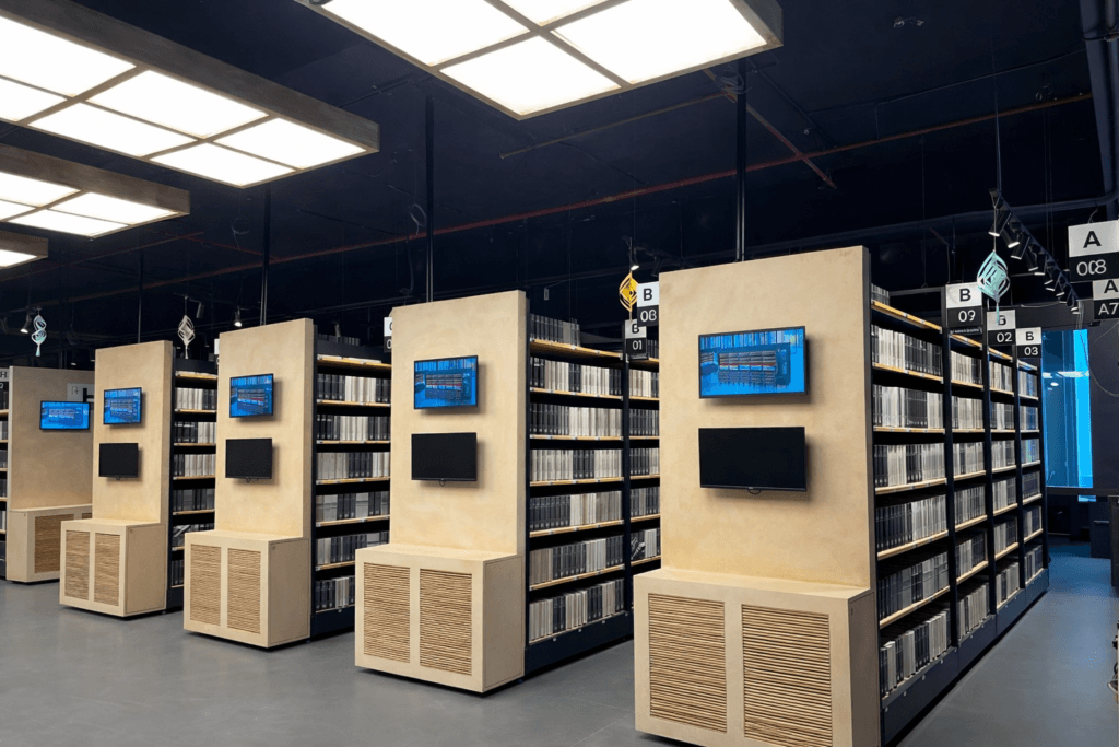 Material library shelves at Knowledge Center, Gurugram, with 120 brand samples