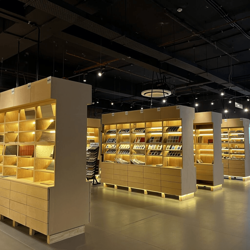 Material library shelves at Knowledge Center, Gurugram, with 120 brand samples