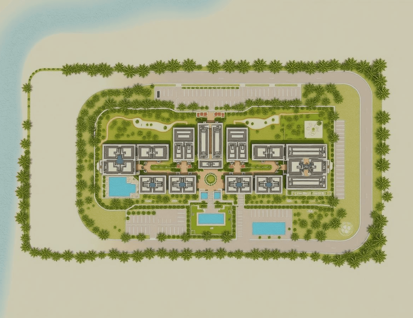 Master plan layout showing towers, green zones, roads, amenities, and open spaces
