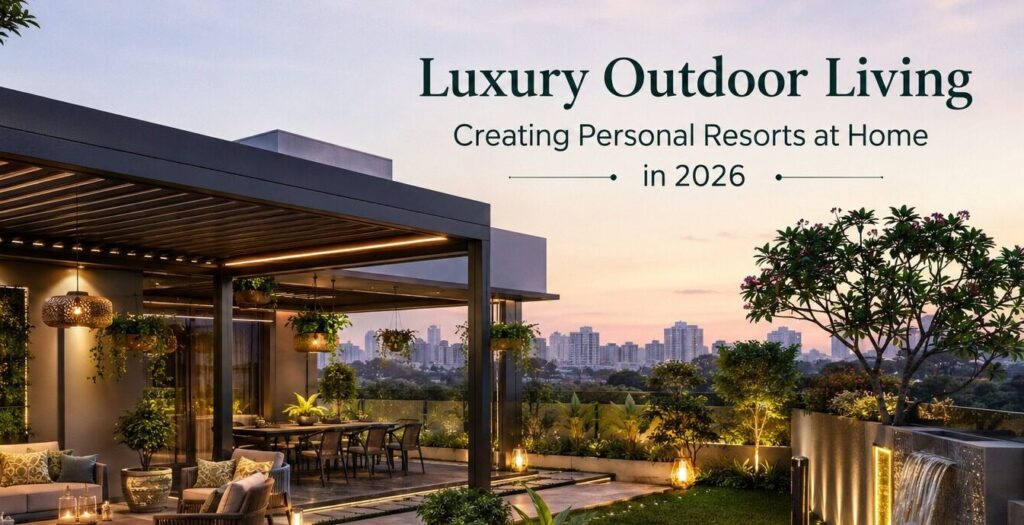 uxury outdoor living patio design with modern pergola and ambient lighting
