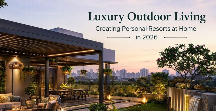uxury outdoor living patio design with modern pergola and ambient lighting