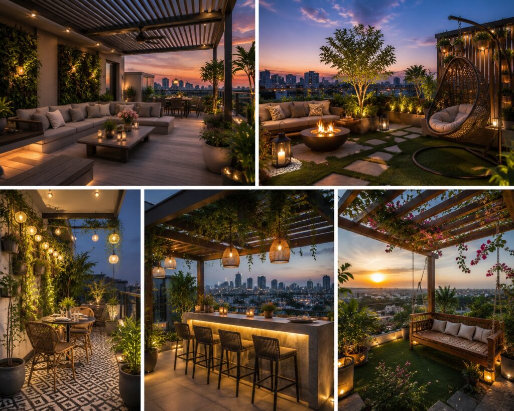Architectural view of a resort-style outdoor living space with motorized louvered roof, modular sofa, and complete outdoor bar station