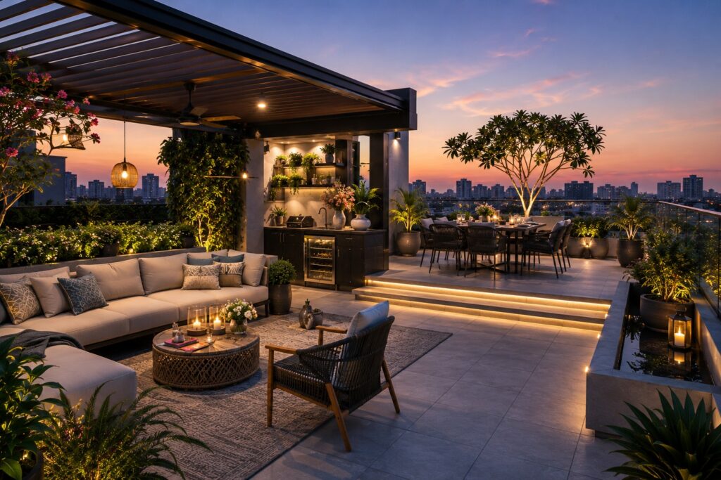 Luxury rooftop outdoor living patio design with modern louvered pergola and integrated lighting